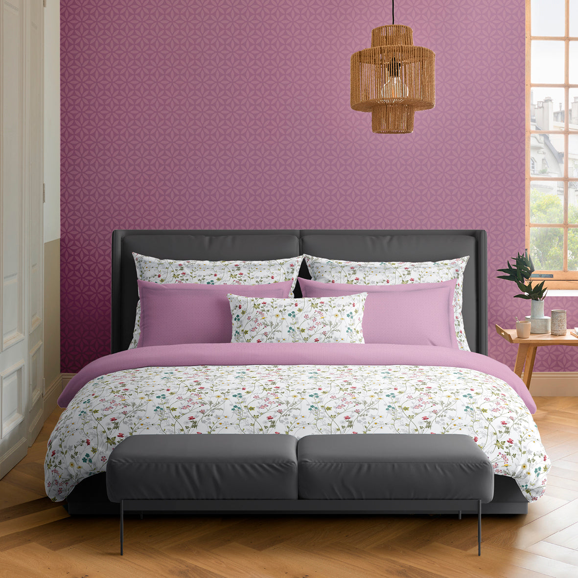 Housse de couette + taie(s) d'oreiller satin de coton - Fleurs sauvages Blanc / Violet