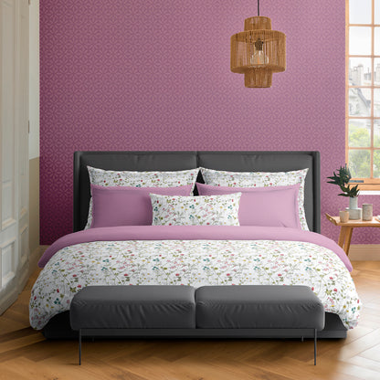 Housse de couette + taie(s) d'oreiller satin de coton - Fleurs sauvages Blanc / Violet