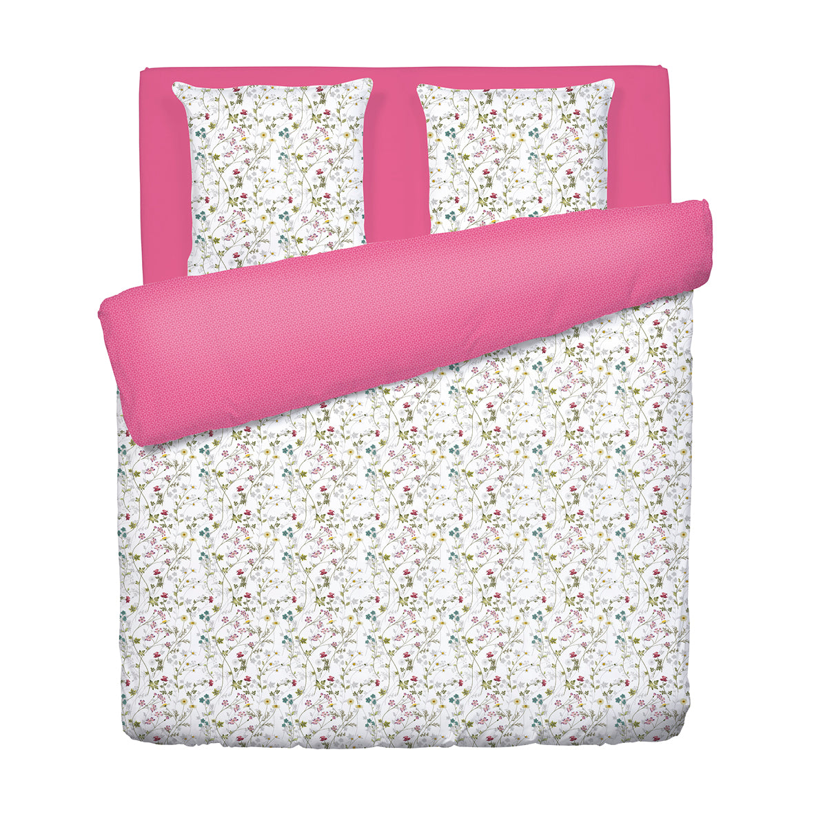 Housse de couette + taie(s) d'oreiller satin de coton - Fleurs sauvages Blanc