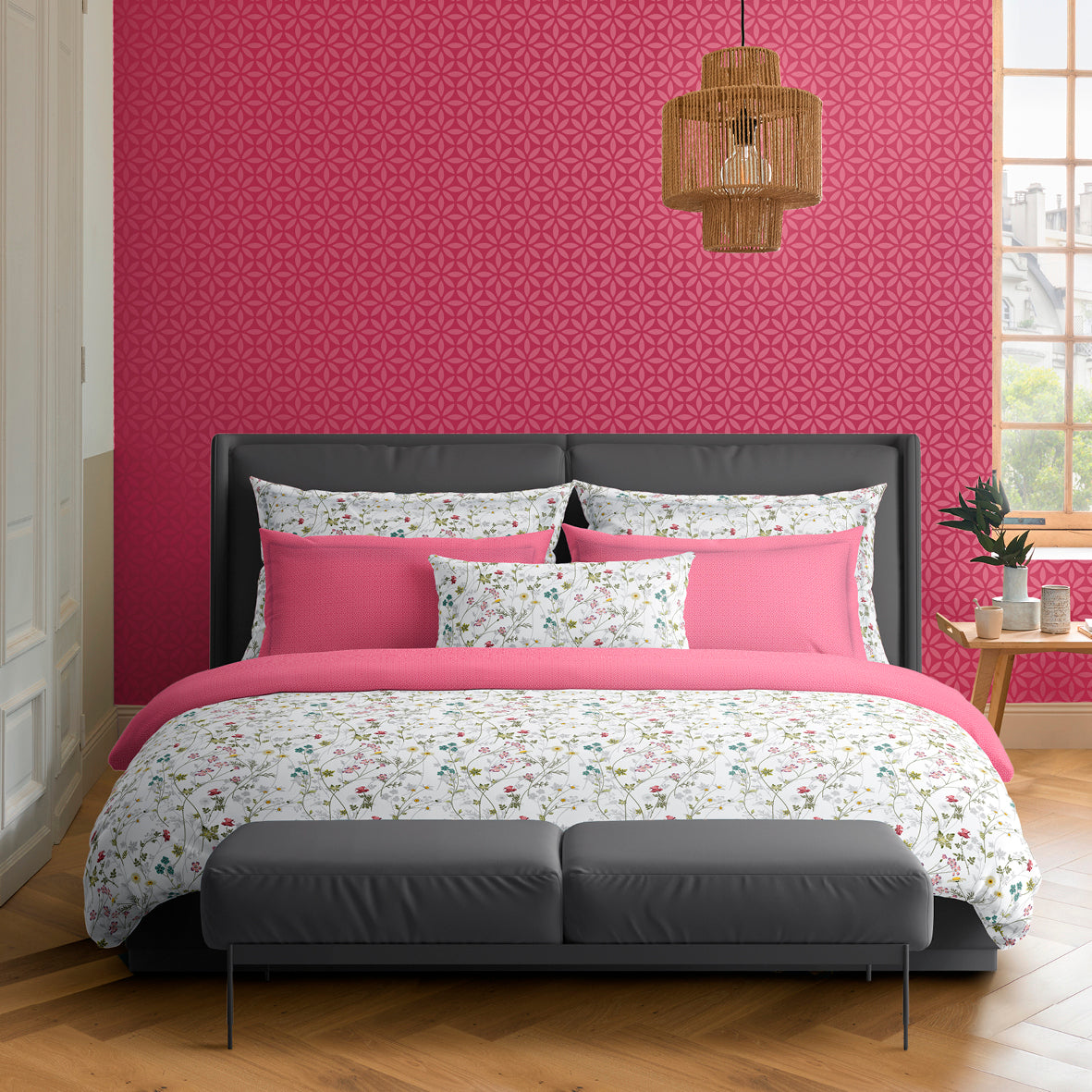 Flat sheet cotton satin - Lina fleurs Pink