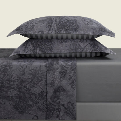 Ensemble de draps satin de coton - Toile Fleurie Gris foncé