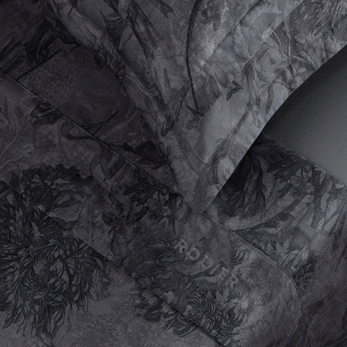 Ensemble de draps satin de coton - Toile Fleurie Gris foncé