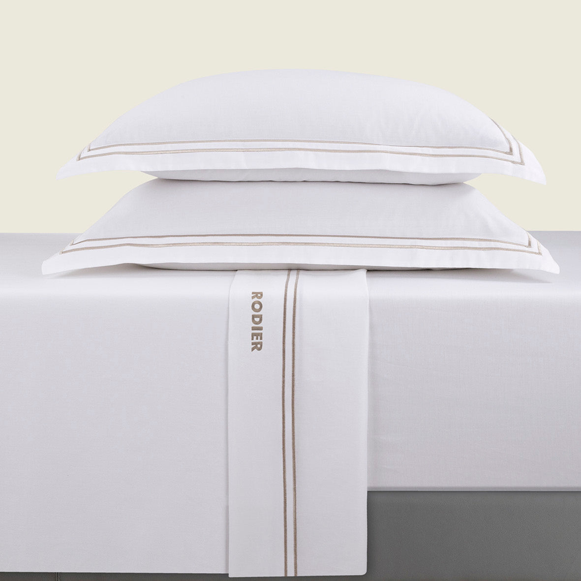 Ensemble de draps satin de coton - Nice Taupe / Blanc