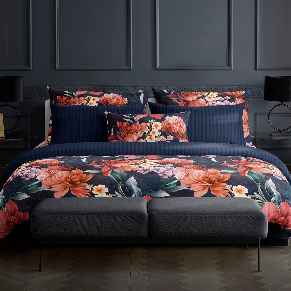 Pillowcase(s) cotton satin - Fleur de miel Dark blue