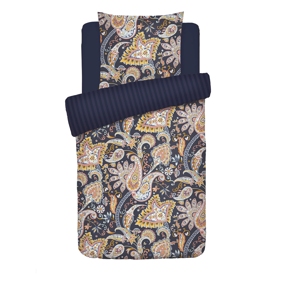 Duvet cover + pillowcase(s) cotton satin - Indienne Dark blue / Gold