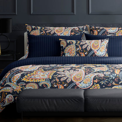 Duvet cover + pillowcase(s) cotton satin - Indienne Dark blue / Gold