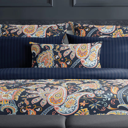 Duvet cover + pillowcase(s) cotton satin - Indienne Dark blue / Gold