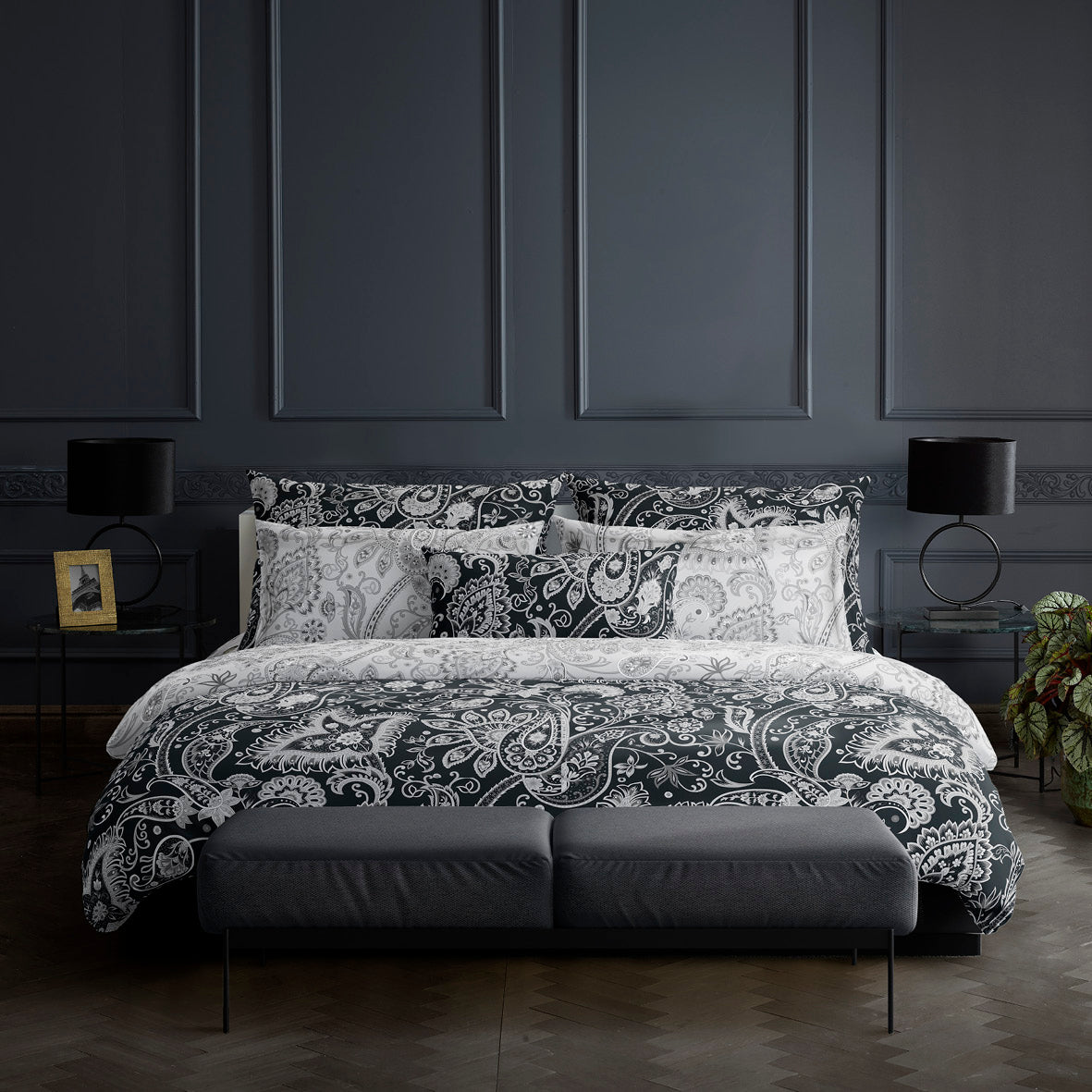 Housse de couette + taie(s) d'oreiller satin de coton - Indienne Noir