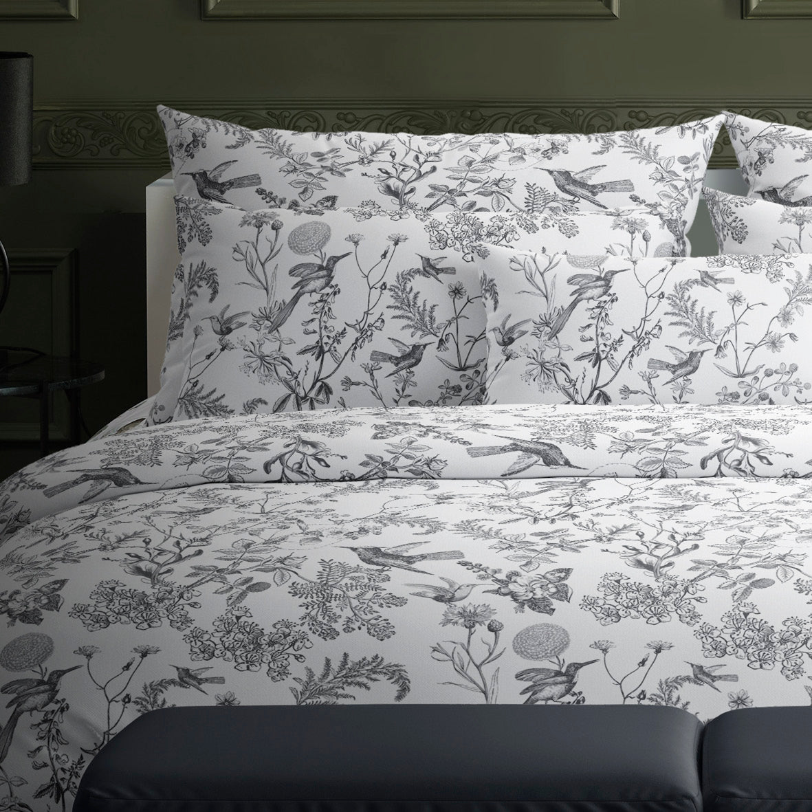 Flat sheet cotton satin - Colibri floral Black grey
