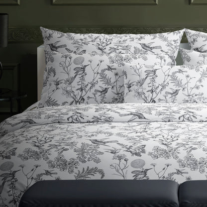Flat sheet cotton satin - Colibri floral Black grey
