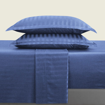 Ensemble de draps satin de coton rayure tissé dobby - Bleu