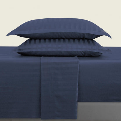 Ensemble de draps satin de coton rayure tissé dobby - Bleu foncé
