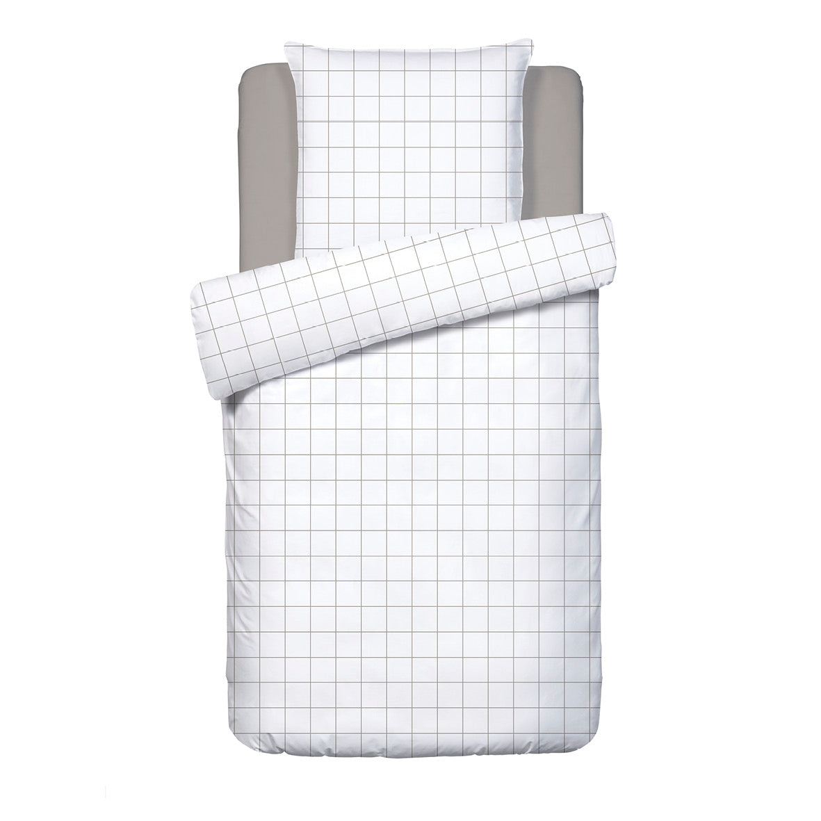 Duvet cover + pillowcase(s) cotton satin - Carreaux White / Taupe