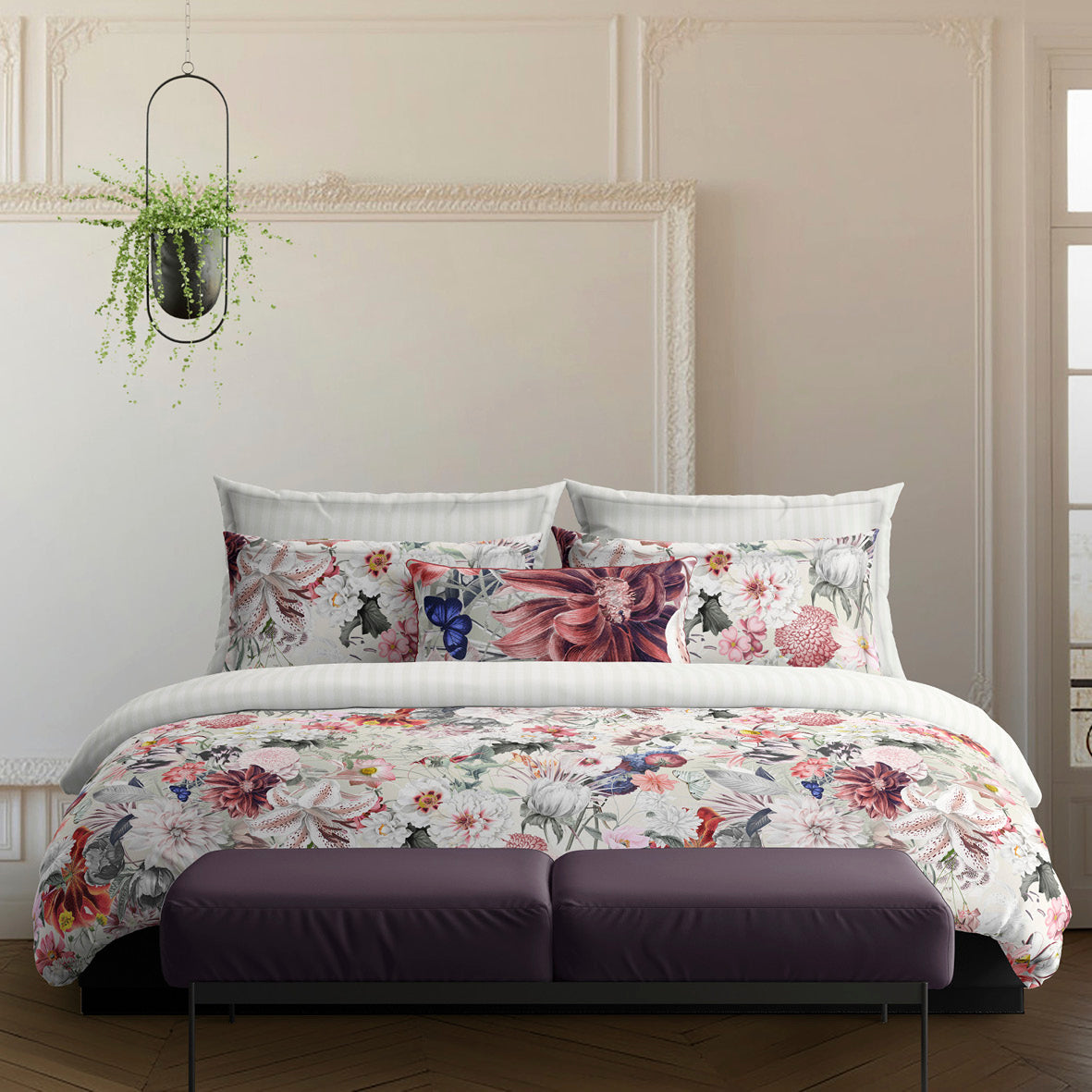 Duvet cover + pillowcase(s) cotton satin - Fleurs éclatantes White
