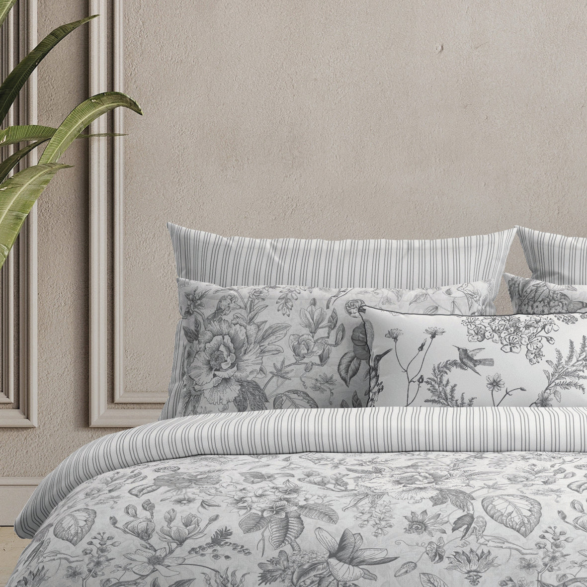 Duvet cover + pillowcase cotton satin - Fleurs esquissées White