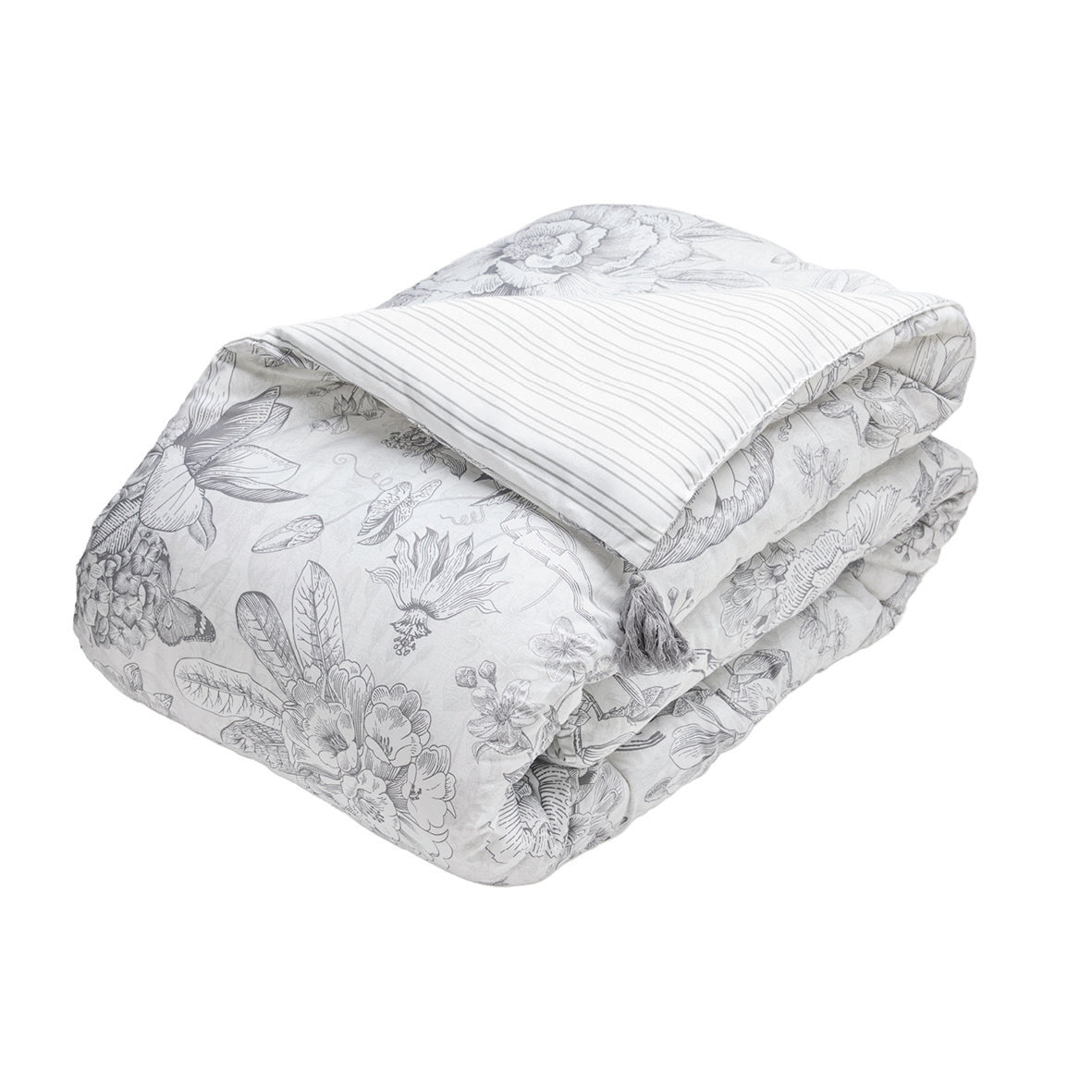 Édredon avec glands - Fleurs esquissées Blanc