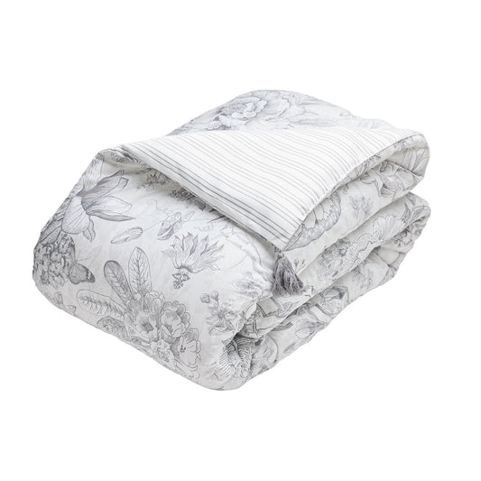 Quilt with tassels cotton satin - Fleurs esquissées White