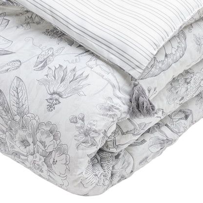 Édredon avec glands - Fleurs esquissées Blanc