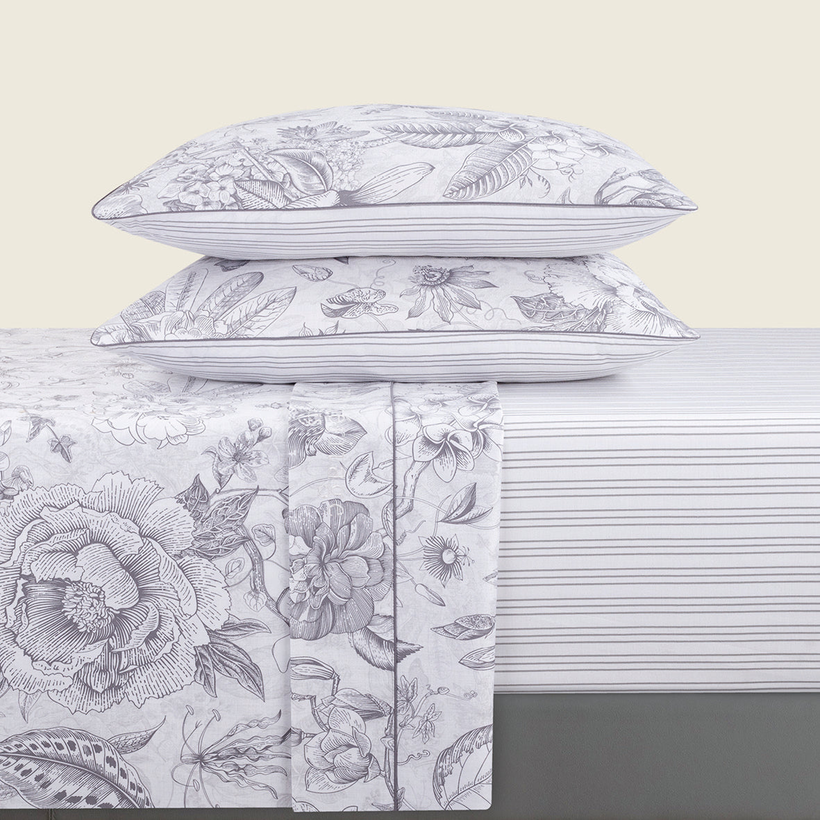 Sheet set cotton satin - Fleurs esquissées White