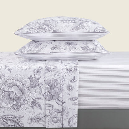 Sheet set cotton satin - Fleurs esquissées White