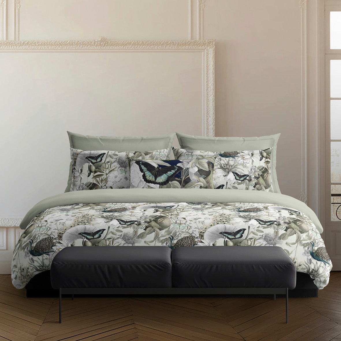 Duvet cover + pillowcase(s) cotton satin - Jardin orné Linden green