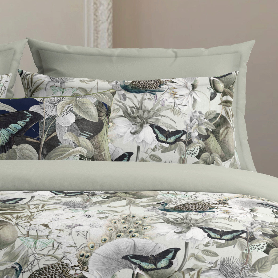Duvet cover + pillowcase(s) cotton satin - Jardin orné Linden green