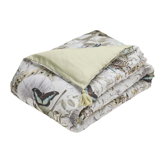 Quilt with tassels cotton satin - Jardin orné Linden green