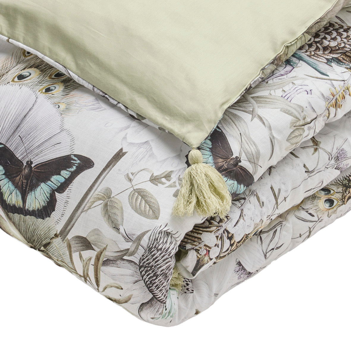 Quilt with tassels cotton satin - Jardin orné Linden green