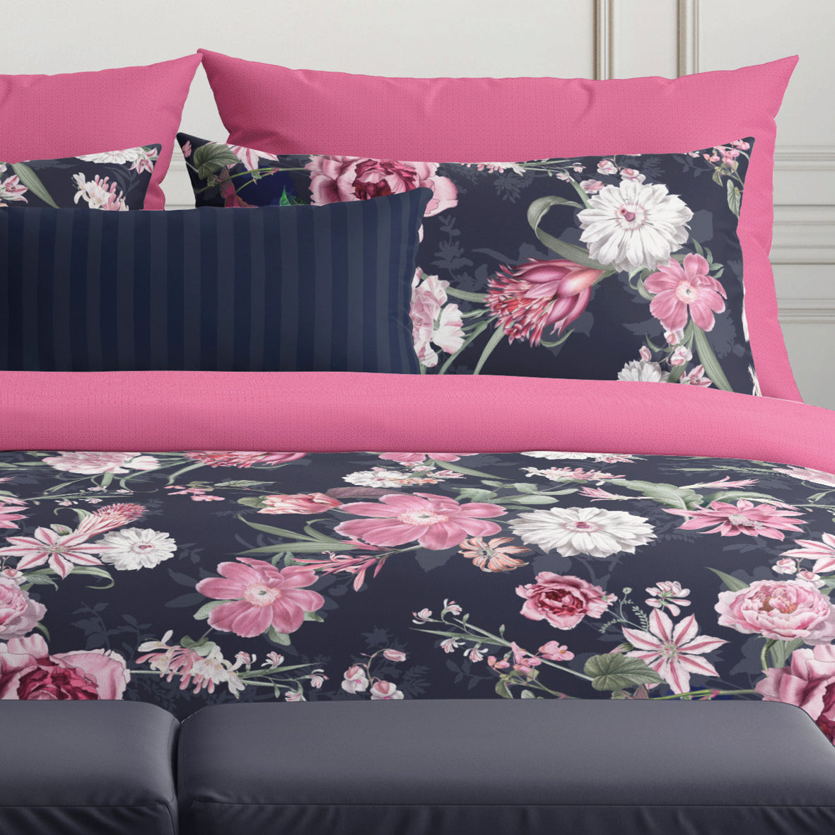 Drap plat satin de coton - Eclat nocturne Bleu foncé