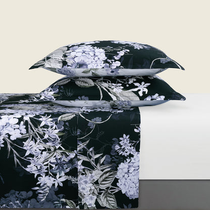 Ensemble de draps satin de coton - Hortensia Bleu foncé