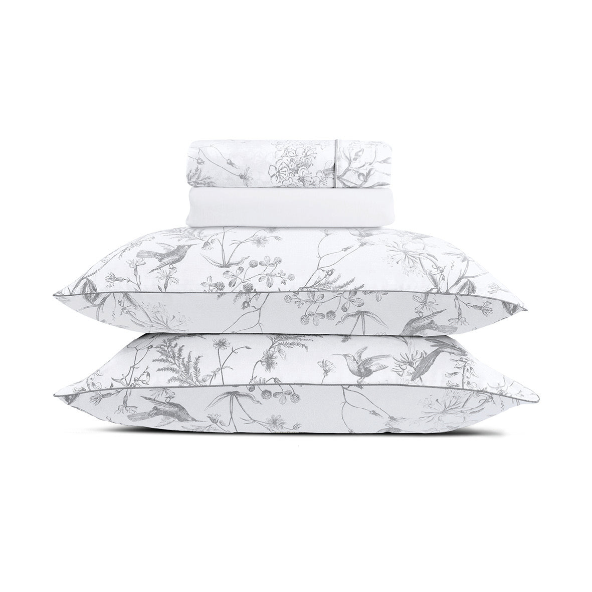 Ensemble de draps satin de coton - Colibri floral Noir gris