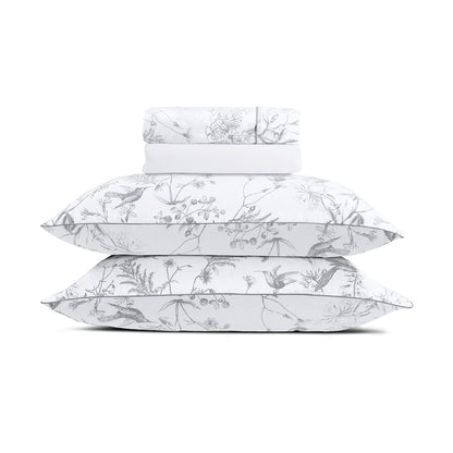 Ensemble de draps satin de coton - Colibri floral Noir gris