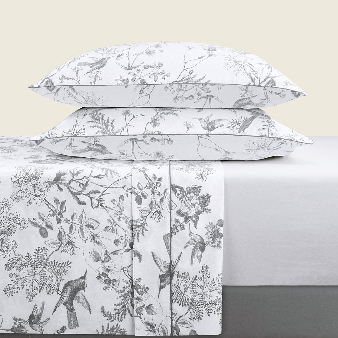 Ensemble de draps satin de coton - Colibri floral Noir gris