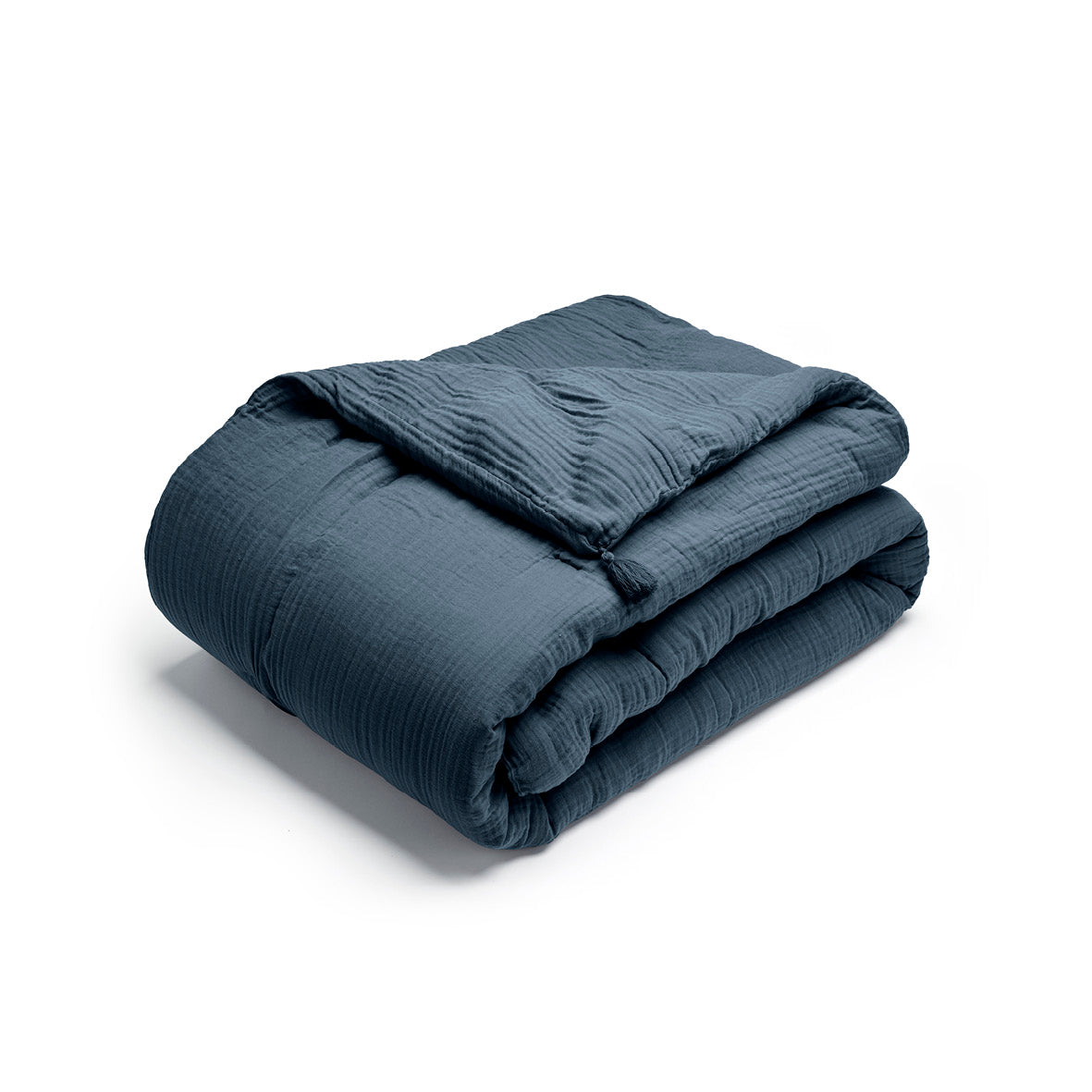 Quilt with tassels cotton gauze - Uni Blue 14 - 140 x 200 cm