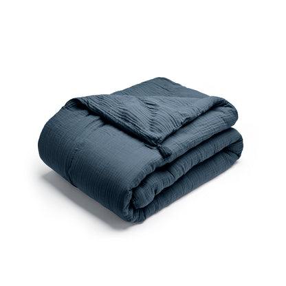 Quilt with tassels cotton gauze - Uni Blue 14 - 140 x 200 cm