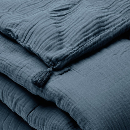 Quilt with tassels cotton gauze - Uni Blue 14 - 140 x 200 cm