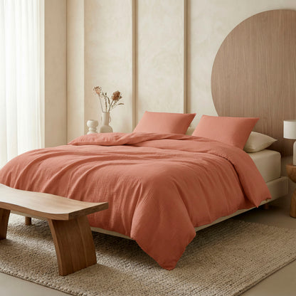 Duvet cover + pillowcase cotton gauze - Uni Terracotta 02