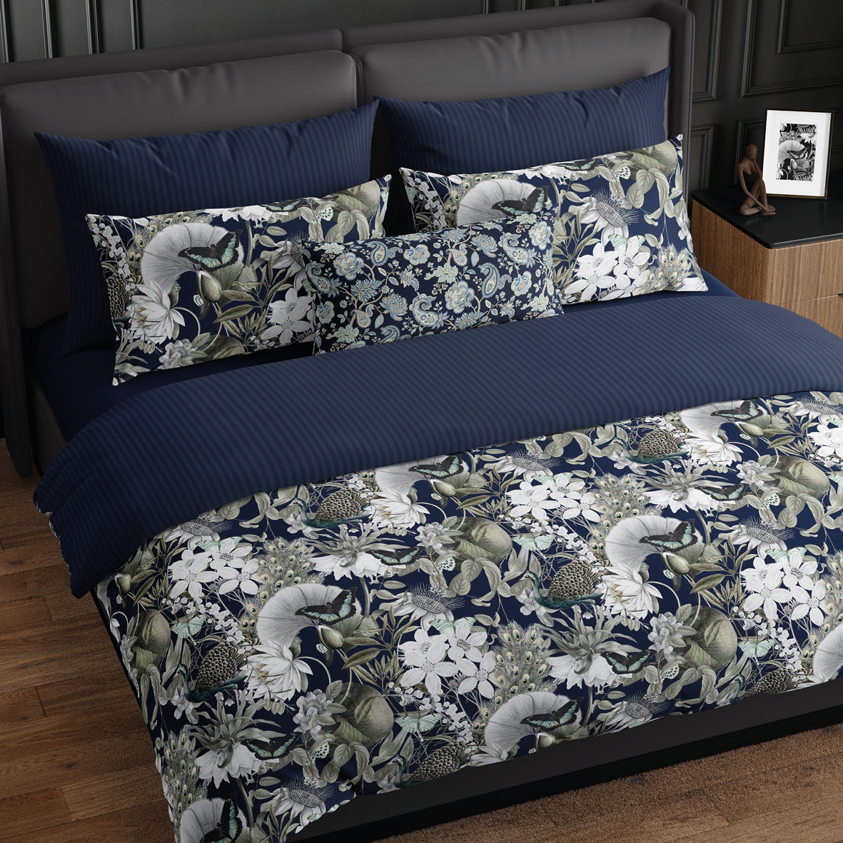 Pillowcase cotton satin - Jardin orné Dark blue