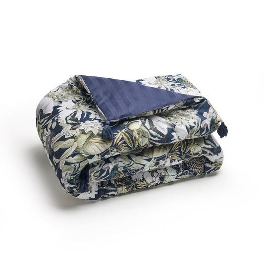 Quilt with tassels cotton satin - Jardin orné Dark blue - 140 x 200 cm