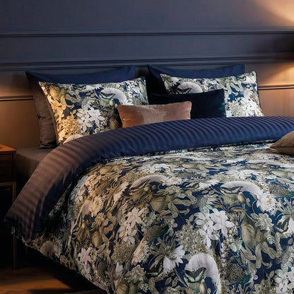 Duvet cover + pillowcase cotton satin - Jardin orné Dark blue / Green