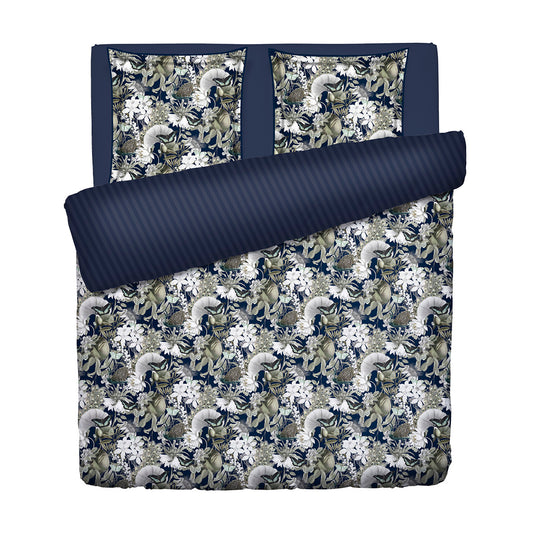 Duvet cover + pillowcase cotton satin - Jardin orné Dark blue / Green