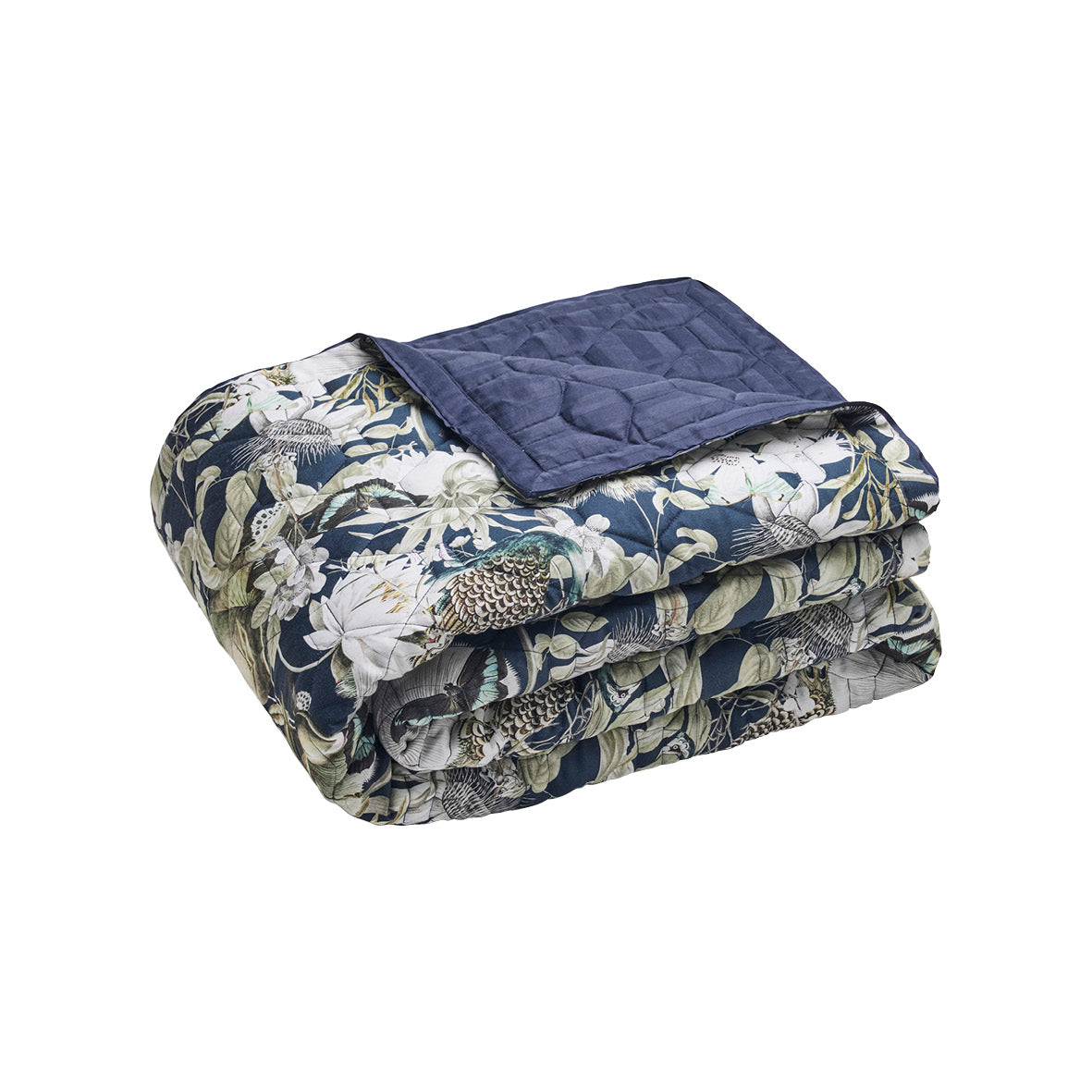 Bedspread cotton satin - Jardin orné Dark blue / Green - 220 x 250 cm