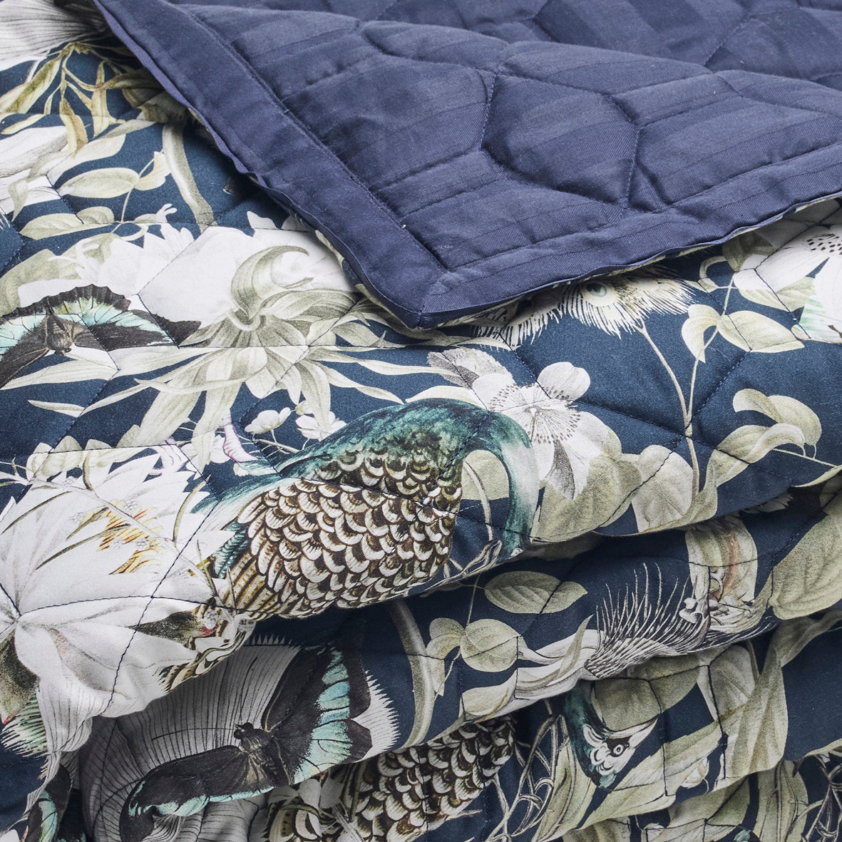 Bedspread cotton satin - Jardin orné Dark blue / Green - 220 x 250 cm