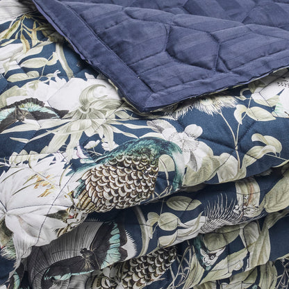 Bedspread cotton satin - Jardin orné Dark blue / Green - 220 x 250 cm