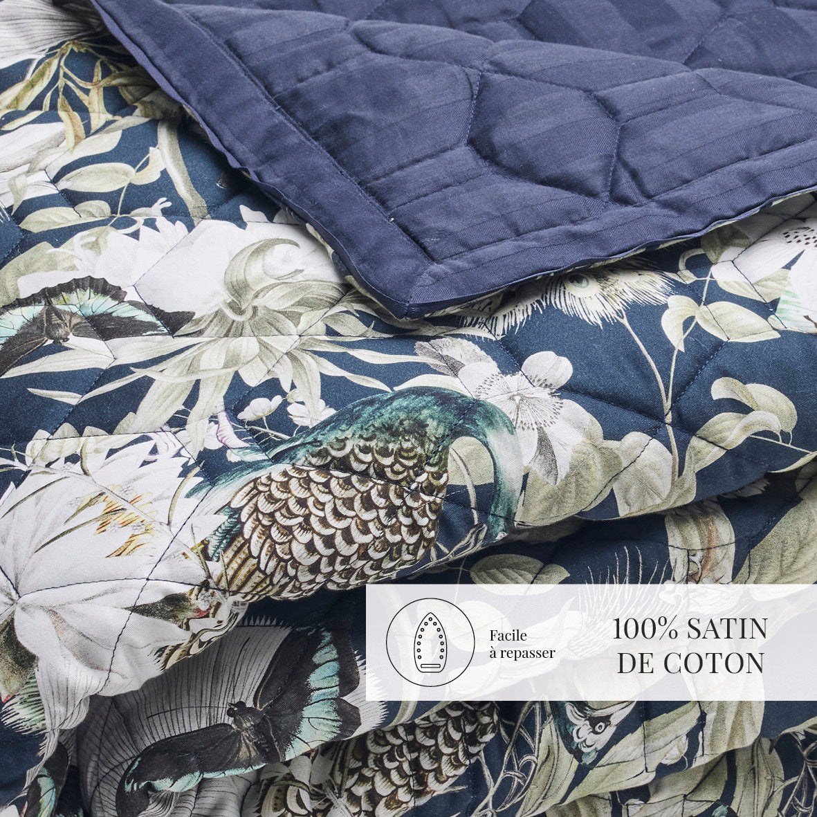 Bedspread cotton satin - Jardin orné Dark blue / Green - 220 x 250 cm