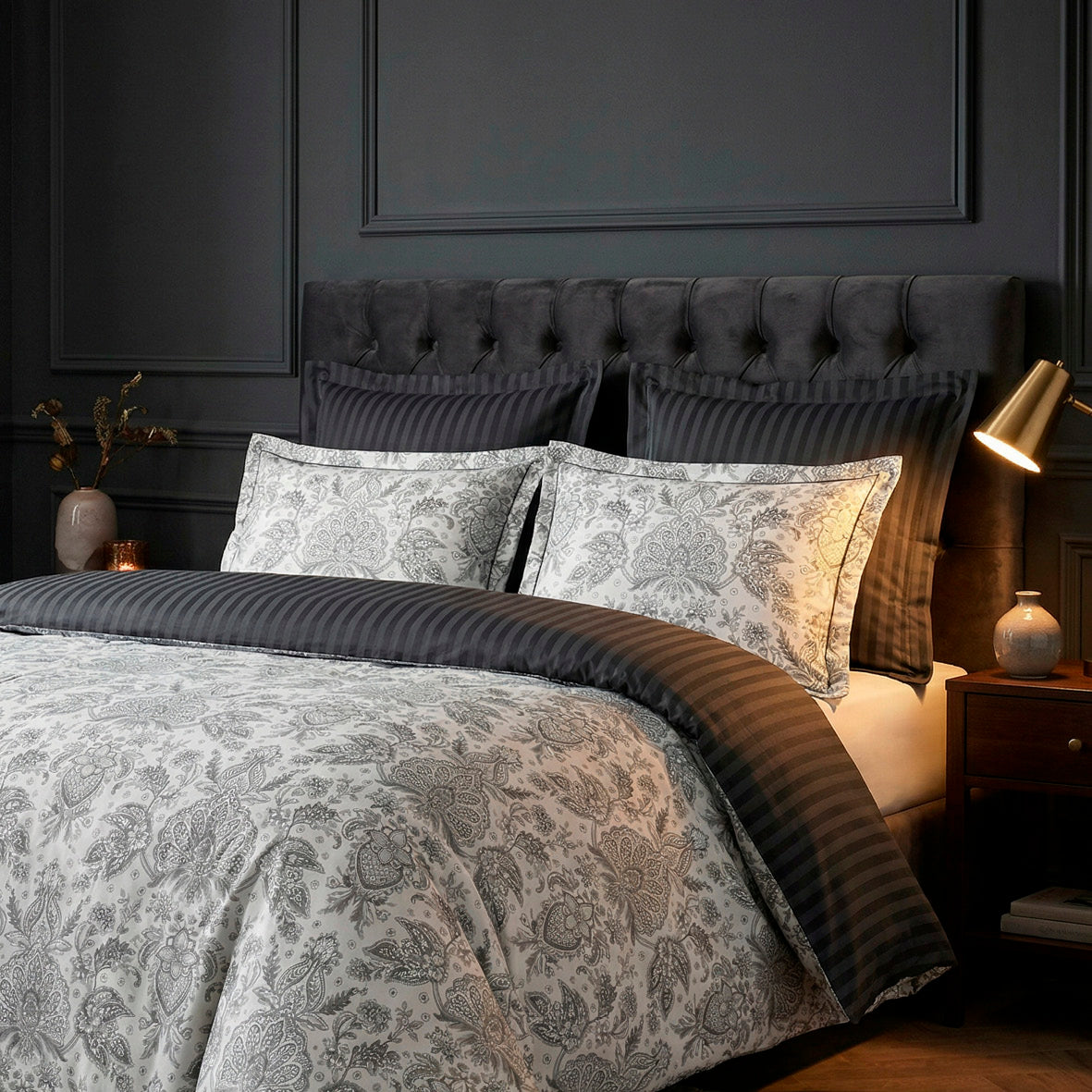 Pillowcase cotton satin - Dobby stripe woven / Fleur de prestige Black