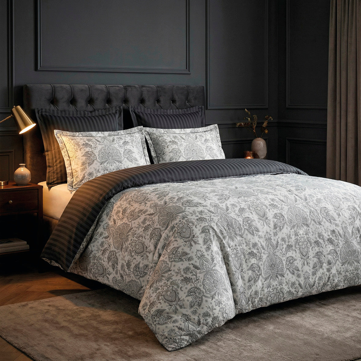 Pillowcase cotton satin - Dobby stripe woven / Fleur de prestige Black