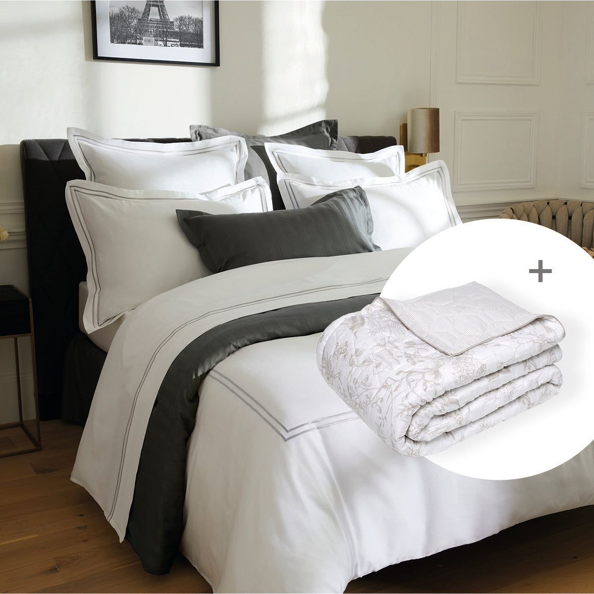 Sheet set + bedspread cotton satin - Paris / Colibri Floral Taupe 240 x 300 cm + 160 x 200 x 30 cm + 2 x (50 x 70 cm) + 220 x 250 cm