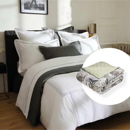 Sheet set + bedspread cotton satin - Paris / Jardin Orné Linden green - 240 x 300 cm + 160 x 200 x 30 cm + 2 x (50 x 70 cm) + 220 x 250 cm