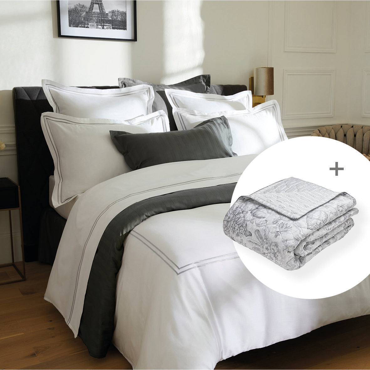 Sheet set + bedspread cotton satin - Paris / Fleurs esquissées White